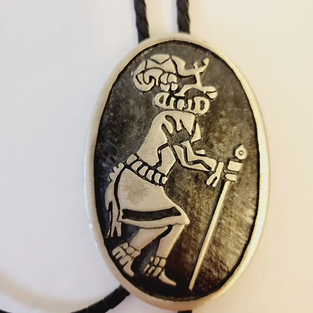 Vintage Pewter Metal Leather Native Dancer Silhouette Bolo Tie